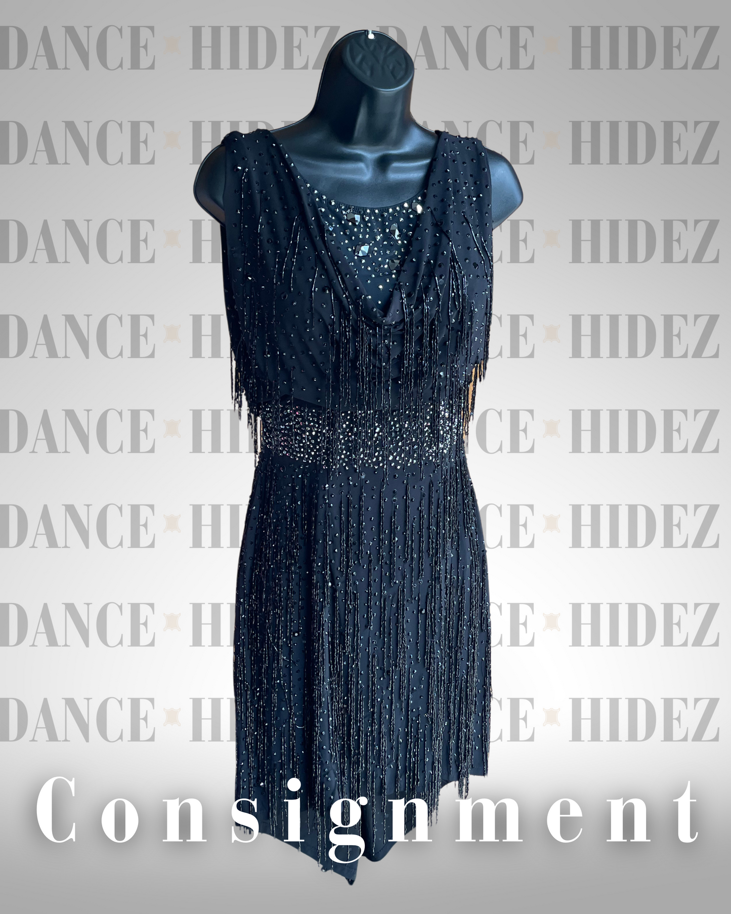 MMD Black Latin Dress with Beaded Fringe & Rhinestones – Size Medium (Consignment)