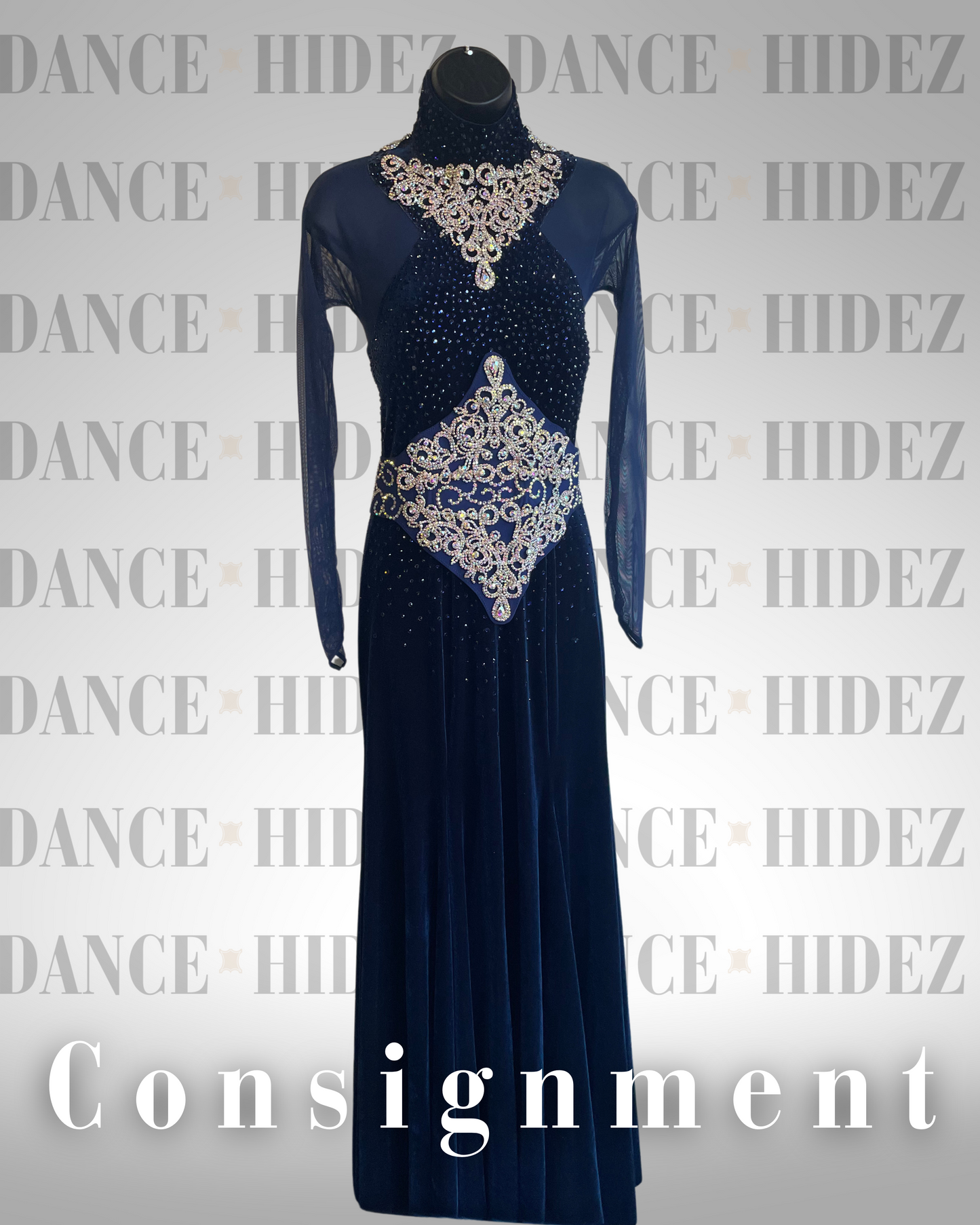 Navy Velvet Ballroom Smooth Dress with Rhinestone Belt & Necklace – Size M – Dance Hidez Consignment