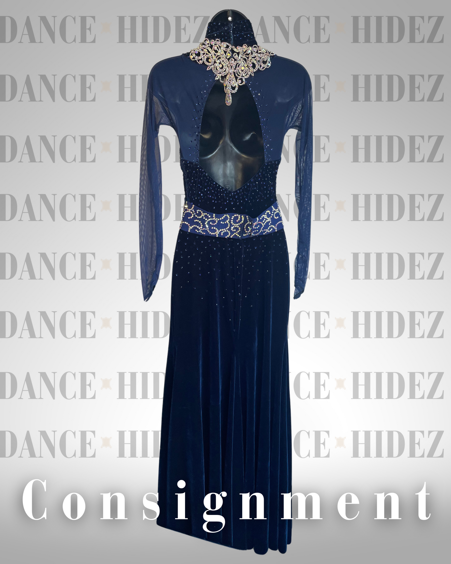 Navy Velvet Ballroom Smooth Dress with Rhinestone Belt & Necklace – Size M – Dance Hidez Consignment