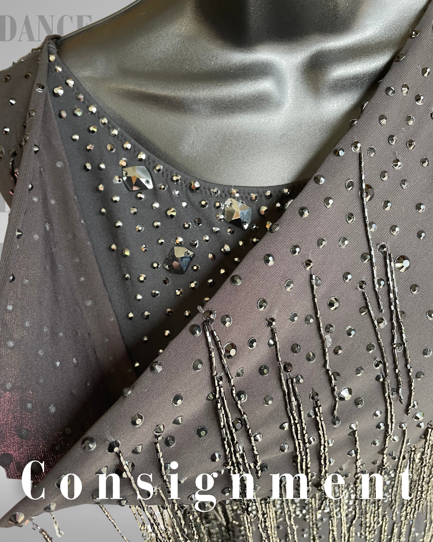 MMD Black Latin Dress with Beaded Fringe & Rhinestones – Size Medium (Consignment)