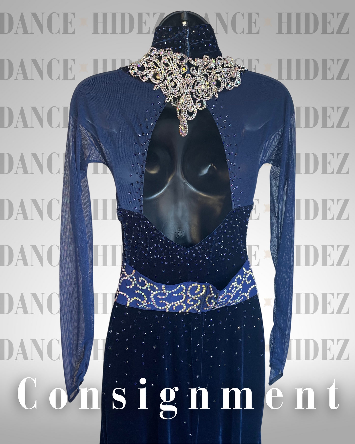 Navy Velvet Ballroom Smooth Dress with Rhinestone Belt & Necklace – Size M – Dance Hidez Consignment