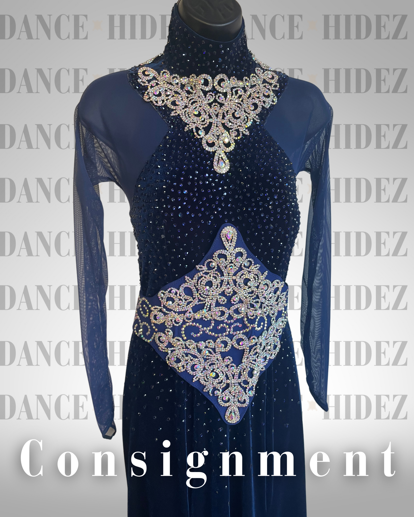 Navy Velvet Ballroom Smooth Dress with Rhinestone Belt & Necklace – Size M – Dance Hidez Consignment