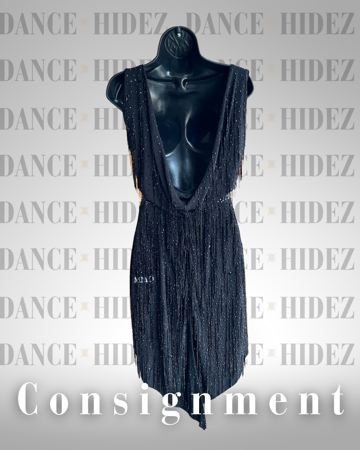 MMD Black Latin Dress with Beaded Fringe & Rhinestones – Size Medium (Consignment)