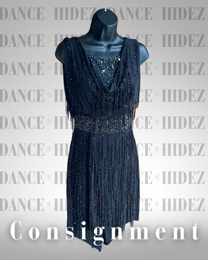 MMD Black Latin Dress with Beaded Fringe & Rhinestones – Size Medium (Consignment)