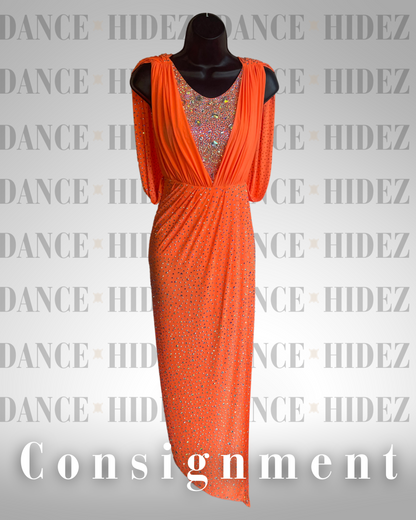 Orange Draped Designer Latin/Rhythm Ballroom Dress – Size XS-S – MMD (Consignment)