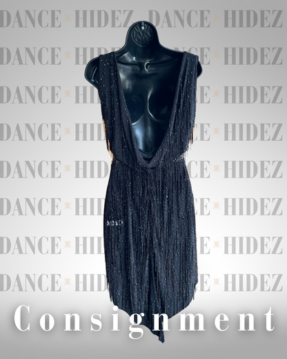 MMD Black Latin Dress with Beaded Fringe & Rhinestones – Size Medium (Consignment)